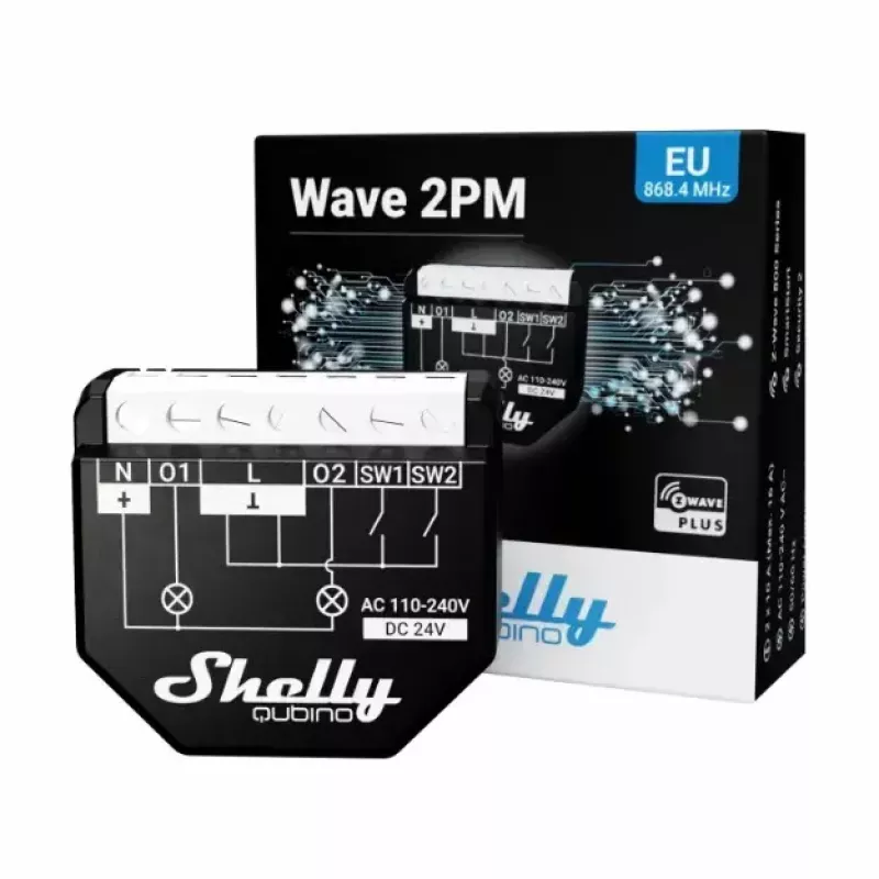 Intelligenter Schalter Shelly WAVE 2PM Schwarz (Shelly) — kabellos Z-Wave, 16 A, 110–240 V, 868,4 MHz