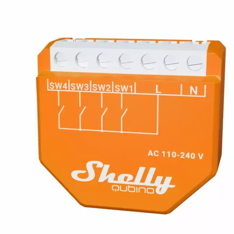 Smart-Schalter Shelly Qubino Wave i4 — kabelloser Szenencontroller 110–240 V, 16 A, 50/60 Hz, orange