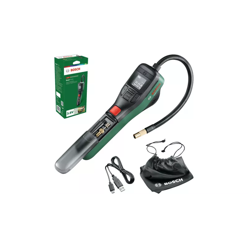 Elektrische Luftpumpe Bosch 0.603.947.000 — tragbar, wiederaufladbar, 10 bar (150–150 psi), 3000 mAh, USB‑C, 10 l/min, mit Schlauch und Zubehör
