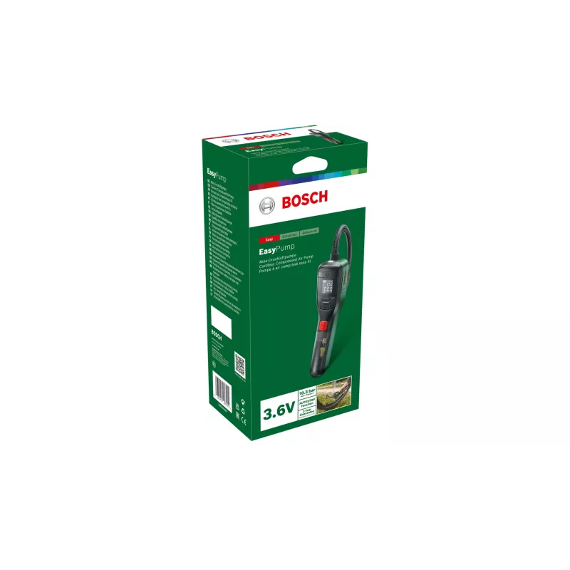 Elektrische Luftpumpe Bosch 0.603.947.000 — tragbar, wiederaufladbar, 10 bar (150–150 psi), 3000 mAh, USB‑C, 10 l/min, mit Schlauch und Zubehör