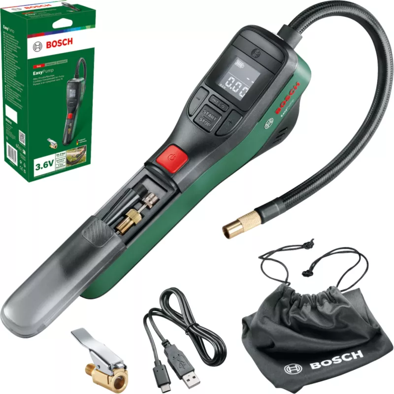 Elektrische Luftpumpe Bosch 0.603.947.000 — tragbar, wiederaufladbar, 10 bar (150–150 psi), 3000 mAh, USB‑C, 10 l/min, mit Schlauch und Zubehör