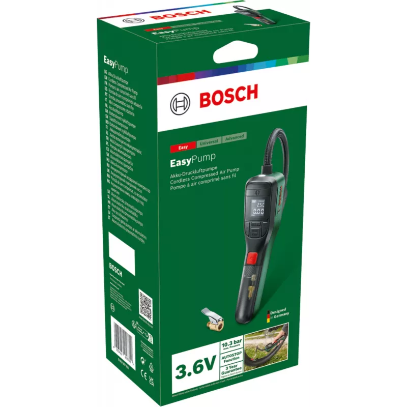 Elektrische Luftpumpe Bosch 0.603.947.000 — tragbar, wiederaufladbar, 10 bar (150–150 psi), 3000 mAh, USB‑C, 10 l/min, mit Schlauch und Zubehör
