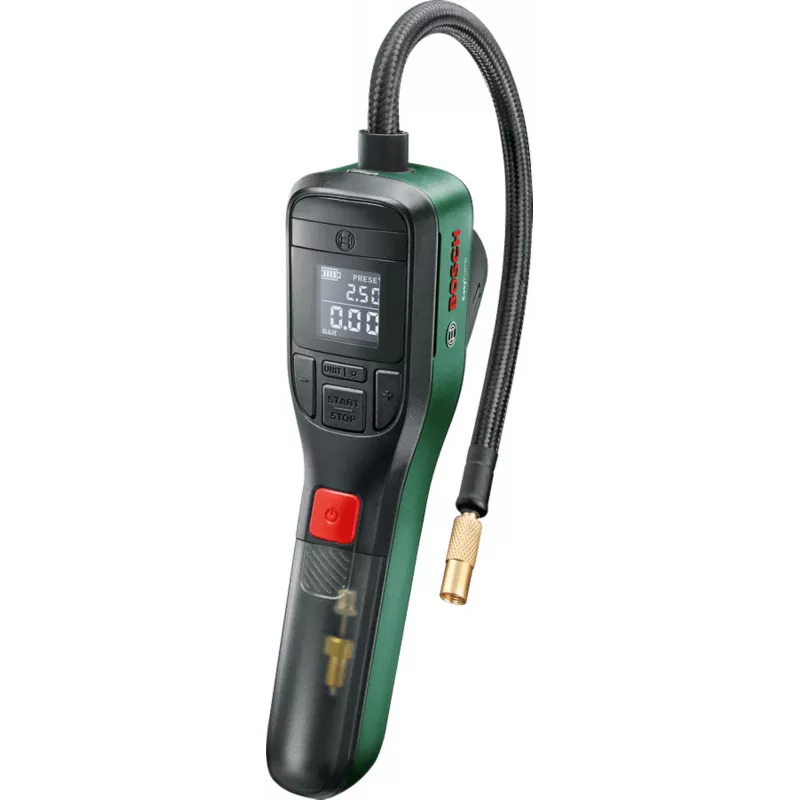 Elektrische Luftpumpe Bosch 0.603.947.000 — tragbar, wiederaufladbar, 10 bar (150–150 psi), 3000 mAh, USB‑C, 10 l/min, mit Schlauch und Zubehör