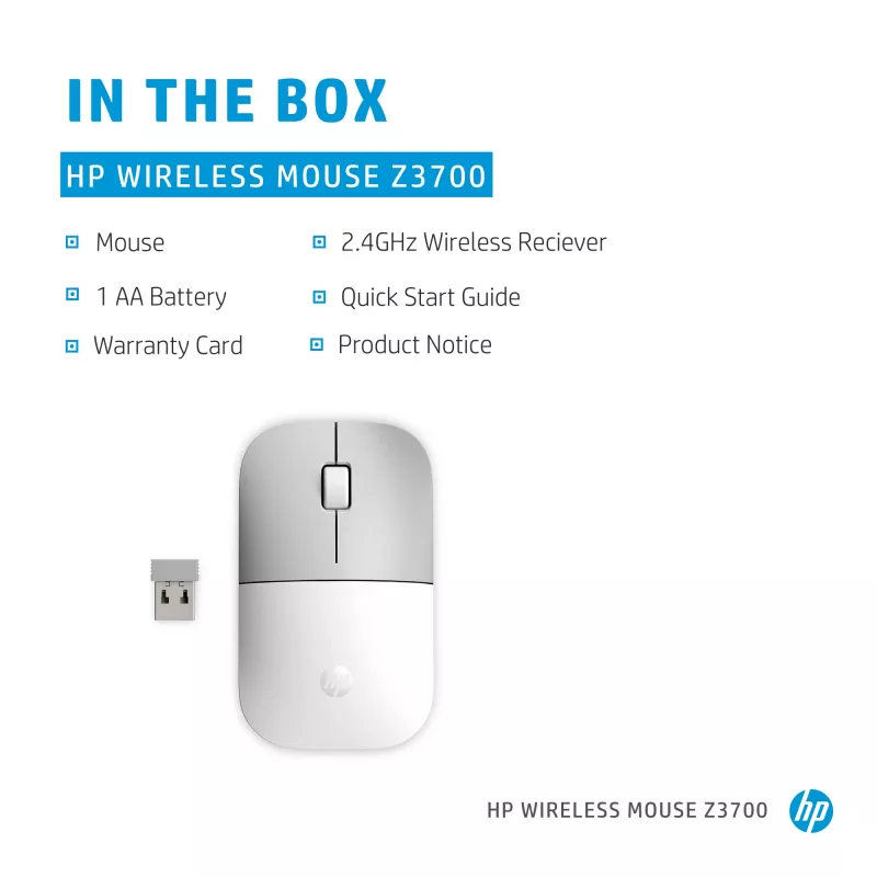 HP Z3700 Keramik Weiß Funkmaus, beidhändig, optisch, RF Wireless, 1200 DPI, Silber, Weiß