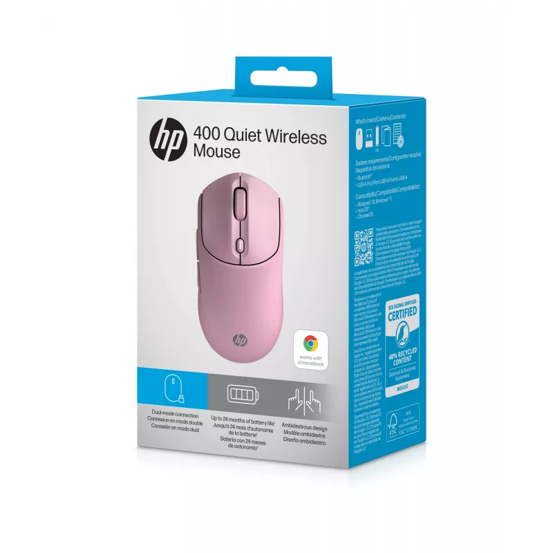 HP 400 Leise Pink Funkmaus, beidhändig, RF Wireless + Bluetooth, 6000 DPI, Pink