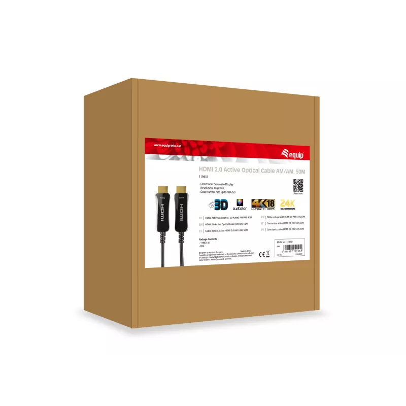 Equip HDMI 2.0 aktives optisches Kabel AM/AM, 50m, 4K/60Hz, 50 m, HDMI Typ A (Standard), HDMI Typ A (Standard), 3D, Schwarz