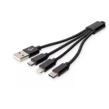 DIGITUS USB-Ladekabel USB A – Lightning+Micro B+Typ-C M/M/M/M 15 cm 3-in-1-Kabel, Baumwolle, CE, Schwarz