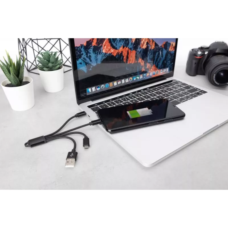 DIGITUS USB-Ladekabel USB A – Lightning+Micro B+Typ-C M/M/M/M 15 cm 3-in-1-Kabel, Baumwolle, CE, Schwarz