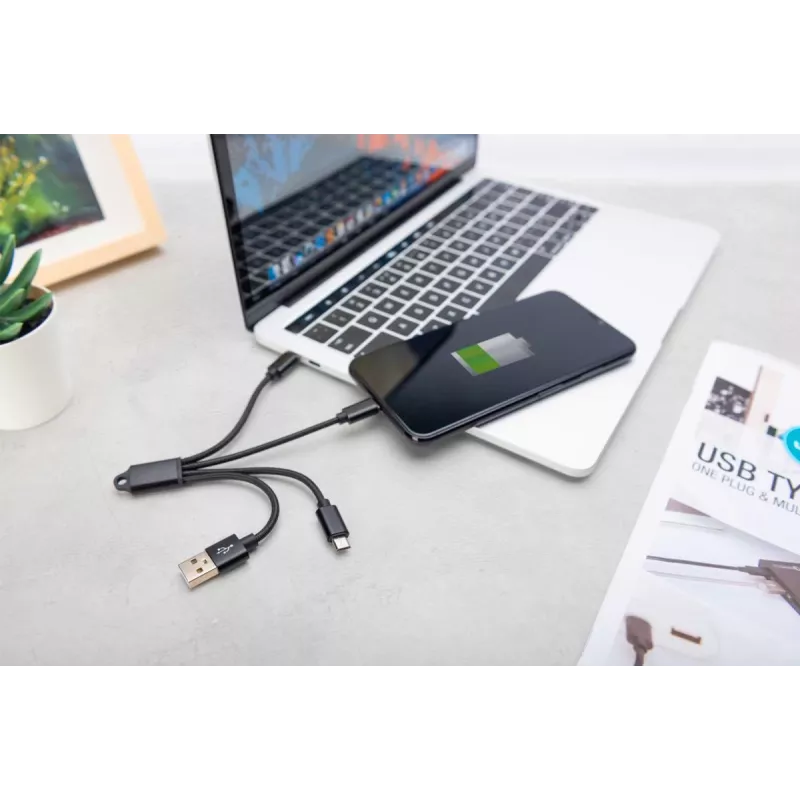 DIGITUS USB-Ladekabel USB A – Lightning+Micro B+Typ-C M/M/M/M 15 cm 3-in-1-Kabel, Baumwolle, CE, Schwarz
