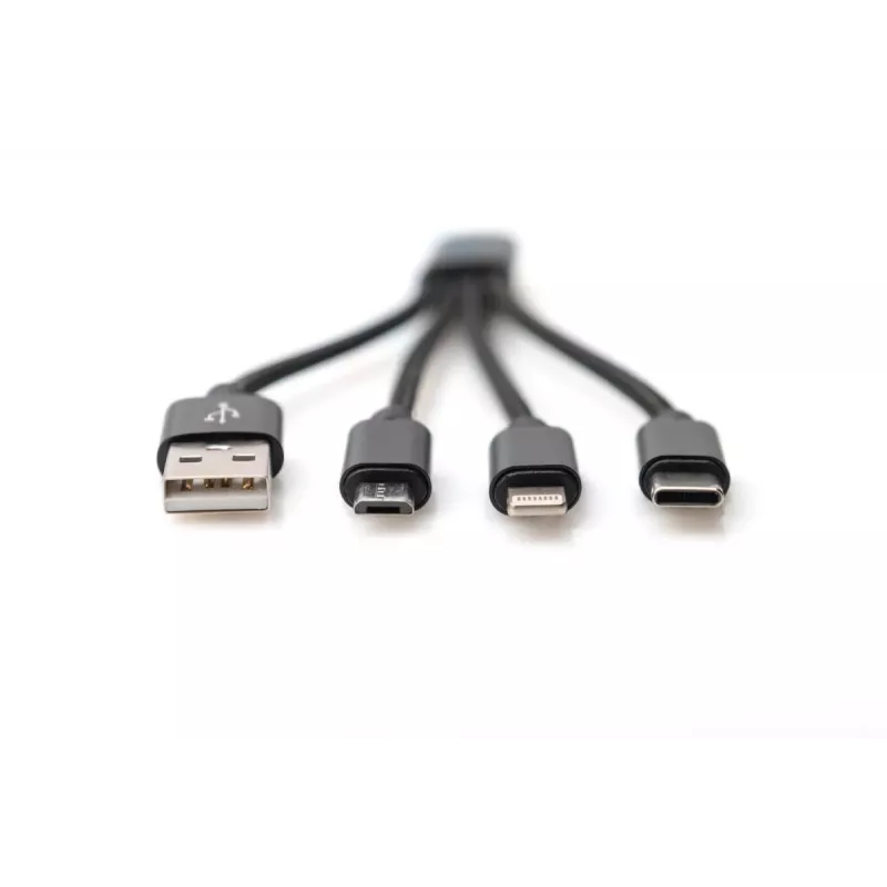 DIGITUS USB-Ladekabel USB A – Lightning+Micro B+Typ-C M/M/M/M 15 cm 3-in-1-Kabel, Baumwolle, CE, Schwarz