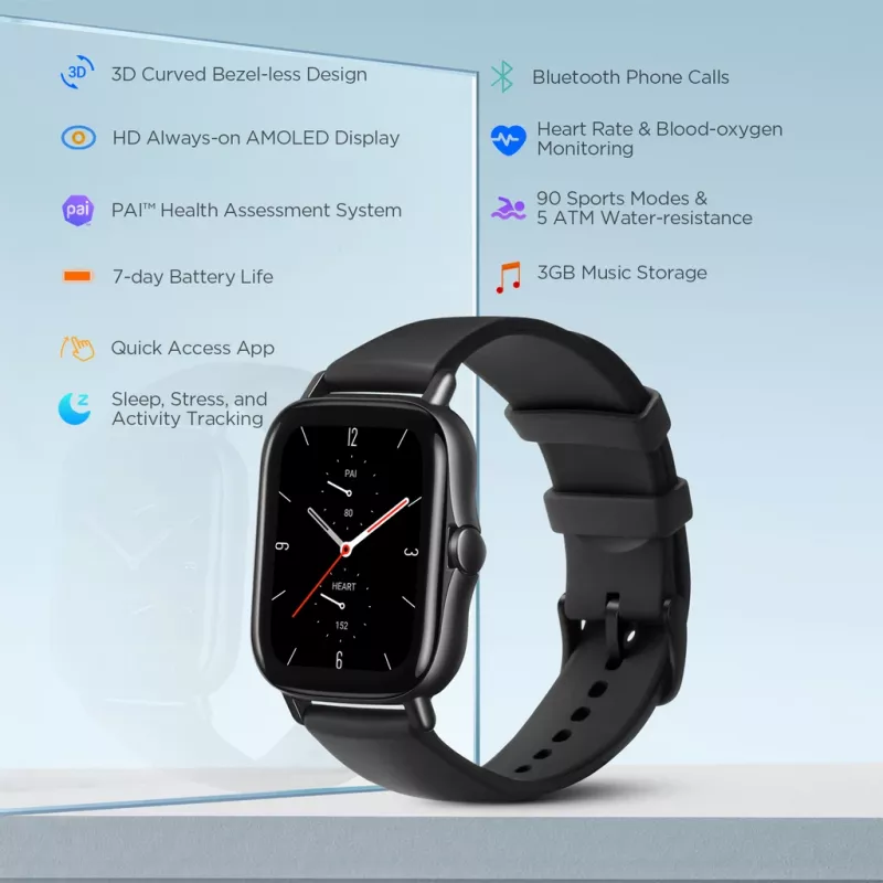 Amazfit GTS 2 4,19 cm (1,65 Zoll) AMOLED 43 mm Digital 348 x 442 Pixel Touchscreen Schwarz Wi-Fi GPS (Satellit)
