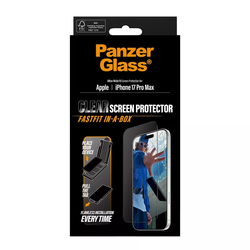 PanzerGlass ® Displayschutzfolie iPhone 17 Pro Max | Ultra-Wide Fit mit FASTFIT IN-A-BOX