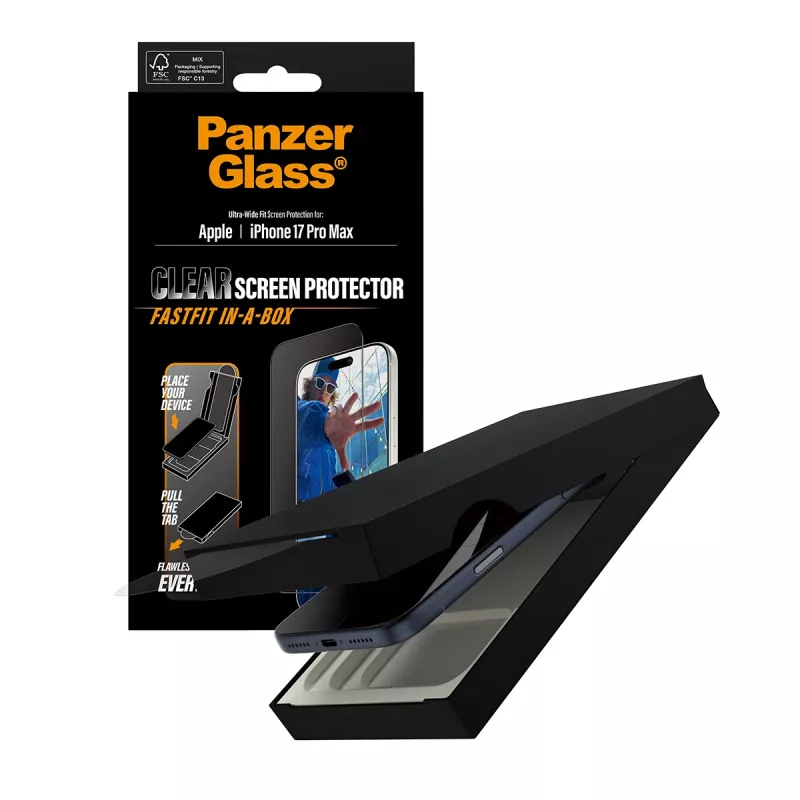 PanzerGlass ® Displayschutzfolie iPhone 17 Pro Max | Ultra-Wide Fit mit FASTFIT IN-A-BOX