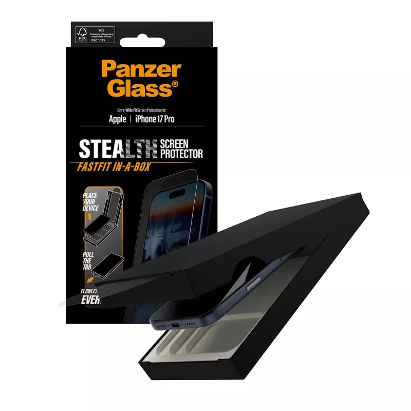 PanzerGlass ® Stealth Screen Protector iPhone 17 Pro | Ultra-Wide Fit mit FASTFIT IN-A-BOX