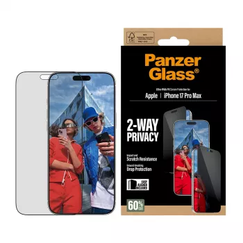 Bildschirmschutz PanzerGlass 2-Wege-Sichtschutz für iPhone 17 Pro Max — gehärtetes Glas, Ultra-Weit-Passform, EasyAligner