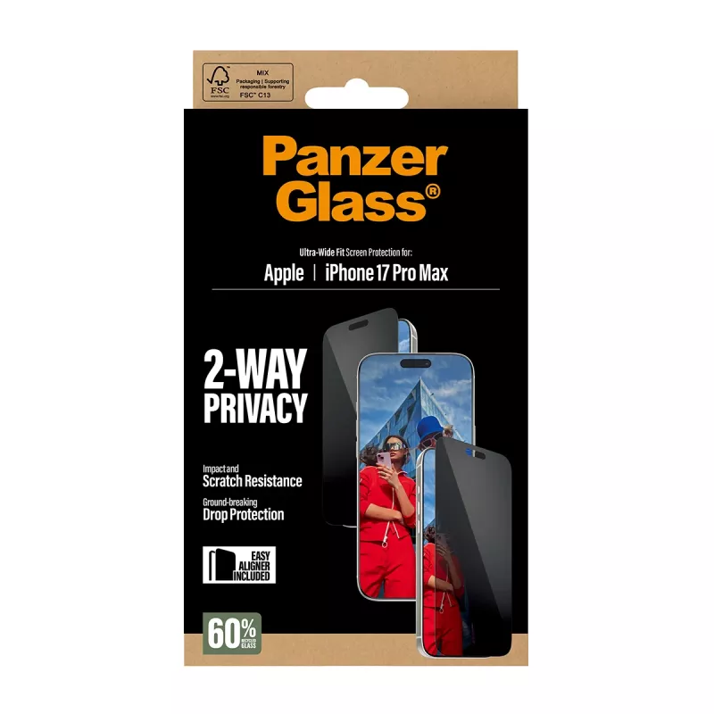 Bildschirmschutz PanzerGlass 2-Wege-Sichtschutz für iPhone 17 Pro Max — gehärtetes Glas, Ultra-Weit-Passform, EasyAligner
