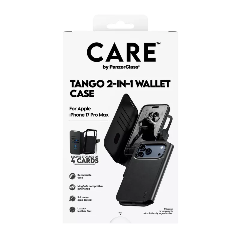 Schützende Zwei-in-Eins-Handyhülle mit Kartenfach PanzerGlass CARE Feature Case Tango mit MagSafe für iPhone 17 Pro Max, schwarz