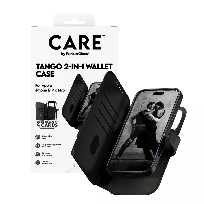 Schützende Zwei-in-Eins-Handyhülle mit Kartenfach PanzerGlass CARE Feature Case Tango mit MagSafe für iPhone 17 Pro Max, schwarz