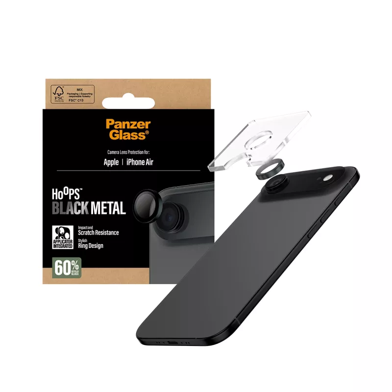 Kameraobjektivschutz PanzerGlass Hoops für iPhone Air — gehärtetes Glas, schwarz, kratz- und stoßfest