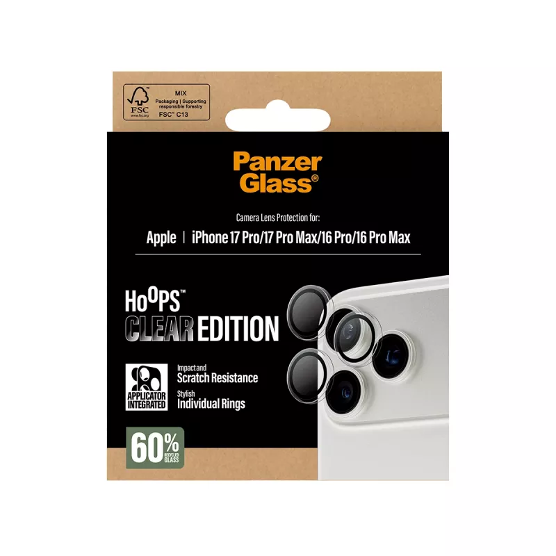 Kameraschutz PanzerGlass Hoops Transparent für iPhone 17 Pro / 17 Pro Max / 16 Pro / 16 Pro Max, gehärtetes Glas, Silikon, 1 Stück