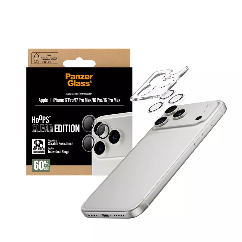 Kameraschutz PanzerGlass Hoops Transparent für iPhone 17 Pro / 17 Pro Max / 16 Pro / 16 Pro Max, gehärtetes Glas, Silikon, 1 Stück