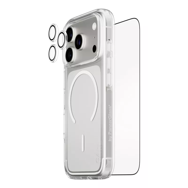 Bildschirmschutz-Bundle PanzerGlass CARE 3-in-1 Flagship Explorer für iPhone 17 Pro – gehärtetes Glas, PET, Silikon, transparent