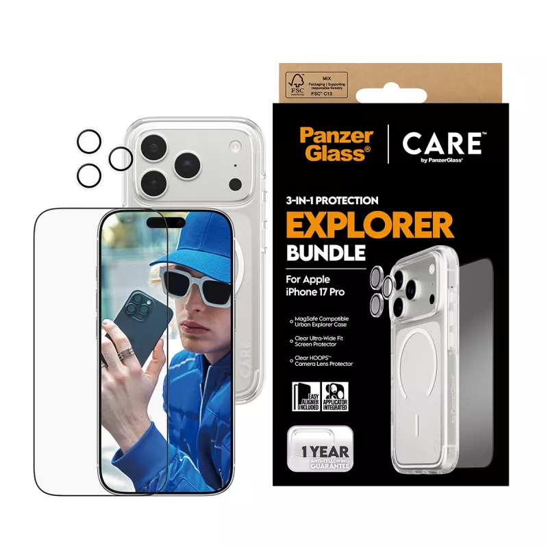 Bildschirmschutz-Bundle PanzerGlass CARE 3-in-1 Flagship Explorer für iPhone 17 Pro – gehärtetes Glas, PET, Silikon, transparent