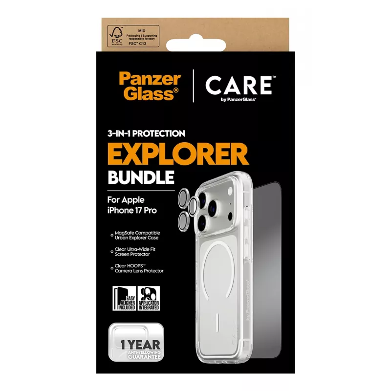 Bildschirmschutz-Bundle PanzerGlass CARE 3-in-1 Flagship Explorer für iPhone 17 Pro – gehärtetes Glas, PET, Silikon, transparent