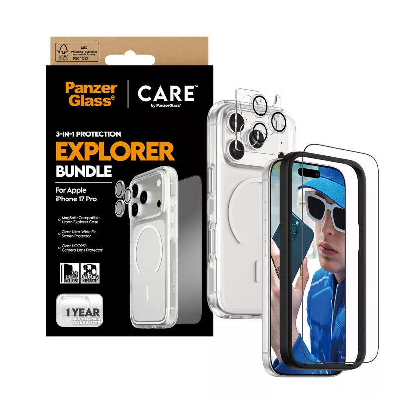 Bildschirmschutz-Bundle PanzerGlass CARE 3-in-1 Flagship Explorer für iPhone 17 Pro – gehärtetes Glas, PET, Silikon, transparent