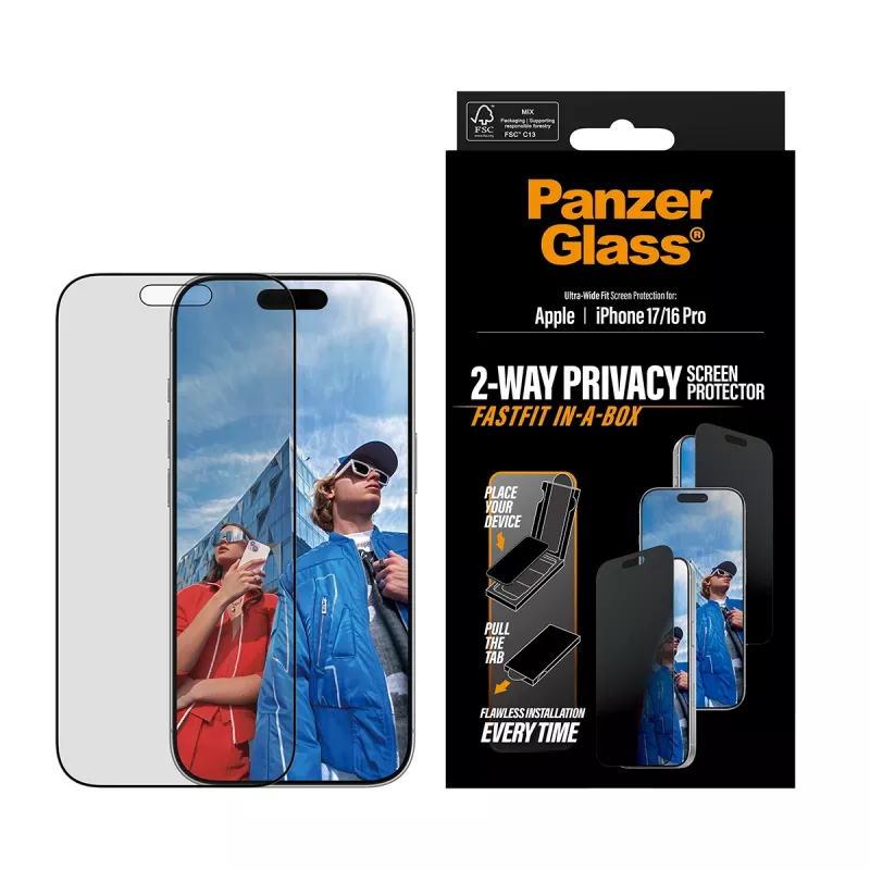 Sichtschutz-Displayschutzfolie PanzerGlass für iPhone 17 / iPhone 16 Pro — Ultra-Wide Fit, gehärtetes Glas + PET, FASTFIT