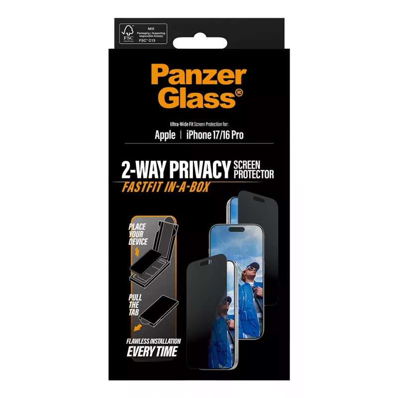 Sichtschutz-Displayschutzfolie PanzerGlass für iPhone 17 / iPhone 16 Pro — Ultra-Wide Fit, gehärtetes Glas + PET, FASTFIT