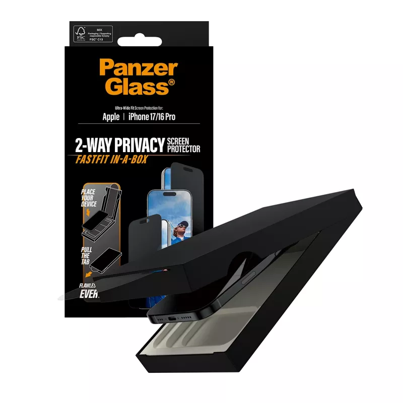 Sichtschutz-Displayschutzfolie PanzerGlass für iPhone 17 / iPhone 16 Pro — Ultra-Wide Fit, gehärtetes Glas + PET, FASTFIT