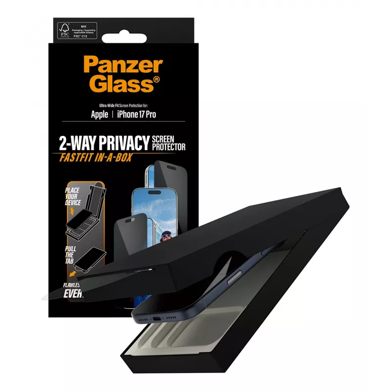 Displayschutzfolie PanzerGlass 2-Way Privacy für iPhone 17 Pro — Ultra-Wide Fit, gehärtetes Glas, Sichtschutzfilter, FASTFIT