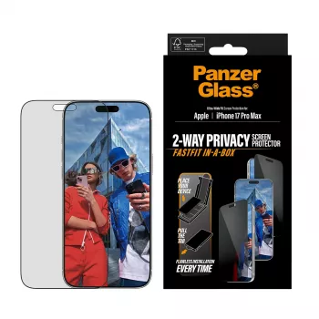 Bildschirmschutz PanzerGlass 2-Way Privacy für iPhone 17 Pro Max — Gehärtetes Glas, Ultra-Wide Fit, FASTFIT
