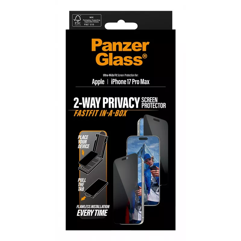 Bildschirmschutz PanzerGlass 2-Way Privacy für iPhone 17 Pro Max — Gehärtetes Glas, Ultra-Wide Fit, FASTFIT