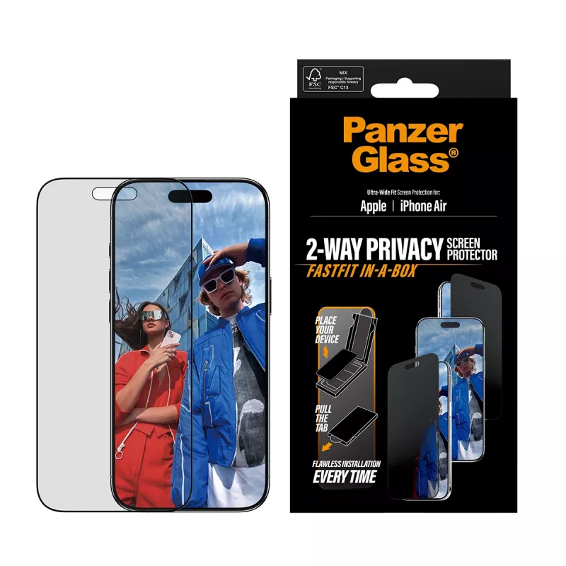 Bildschirmschutz PanzerGlass Privacy für iPhone Air — gehärtetes Glas, ultraweite Passform, Sichtschutzfilter, FASTFIT