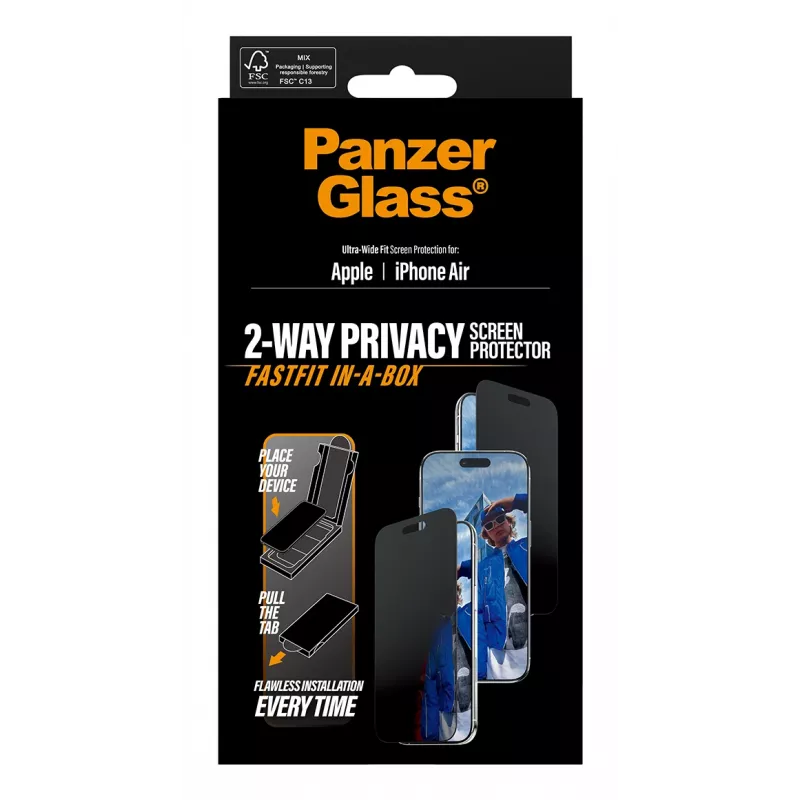 Bildschirmschutz PanzerGlass Privacy für iPhone Air — gehärtetes Glas, ultraweite Passform, Sichtschutzfilter, FASTFIT