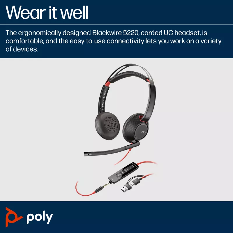 HP Poly Blackwire 5220 Stereo USB-C Headset + 3,5-mm-Klinkenstecker + USB-C/A-Adapter