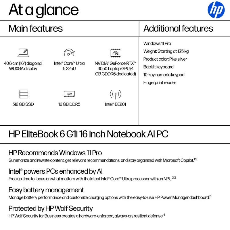 HP EliteBook 6 G1i AI Intel Core Ultra 5 225U Laptop 40,6 cm (16 Zoll) WUXGA 16 GB DDR5-SDRAM Wi-Fi 7 (802.11be) Windows 11 Pro AI PC Silber