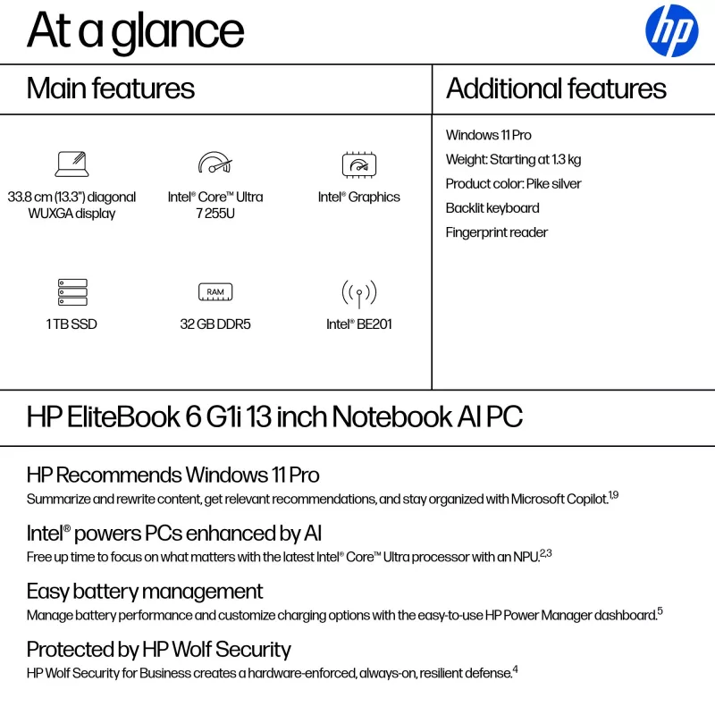HP EliteBook 6 G1i AI PC Intel Core Ultra 7 255U Laptop 33,8 cm (13,3 Zoll) WUXGA 32 GB DDR5-SDRAM Wi-Fi 7 (802.11be) Windows 11 Pro Silber