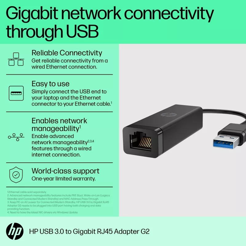 HP USB 3.0 auf Gigabit RJ45 Adapter G2, Kabelgebunden, USB, Ethernet, Schwarz