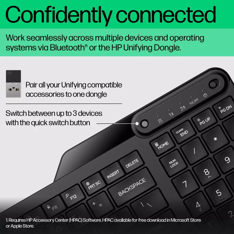 HP 475 Dual-Mode Wireless Keyboard, Full-size (100%), Wireless, RF Wireless + Bluetooth, Membrane, Schwarz