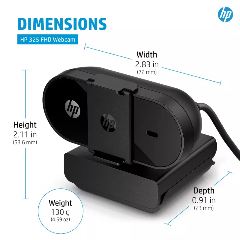 HP 325 FHD Webcam, Business, Windows 10, Windows 11, MacOS, 72 mm, 53,6 mm, 53,2 mm