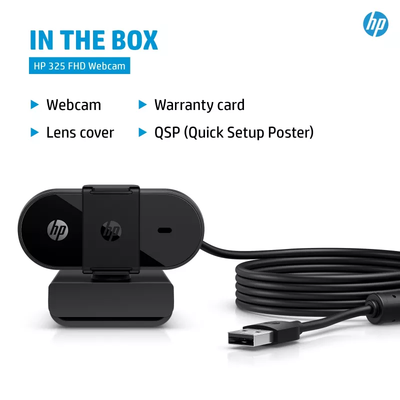 HP 325 FHD Webcam, Business, Windows 10, Windows 11, MacOS, 72 mm, 53,6 mm, 53,2 mm