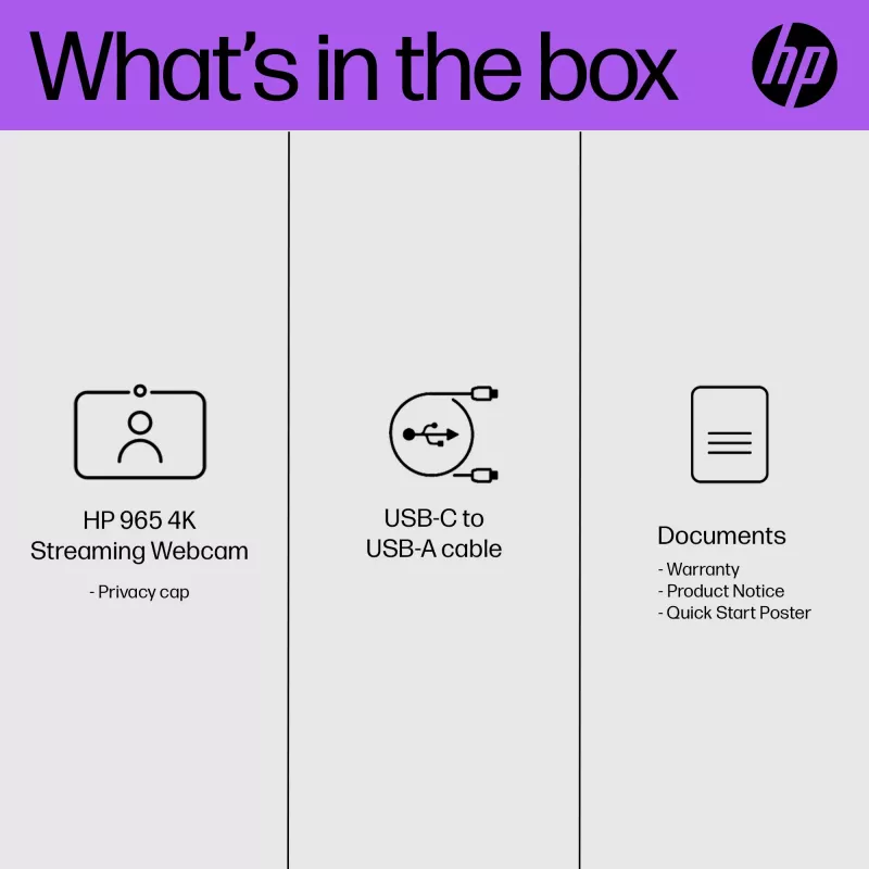 HP 325 FHD Webcam, Business, Windows 10, Windows 11, MacOS, 72 mm, 53,6 mm, 53,2 mm