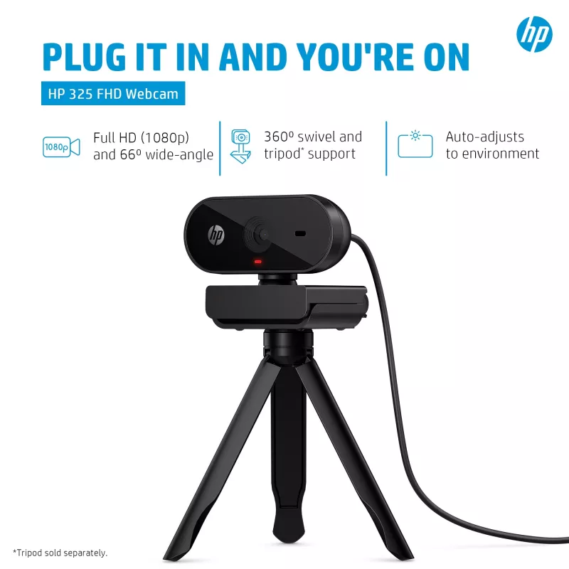 HP 325 FHD Webcam, Business, Windows 10, Windows 11, MacOS, 72 mm, 53,6 mm, 53,2 mm