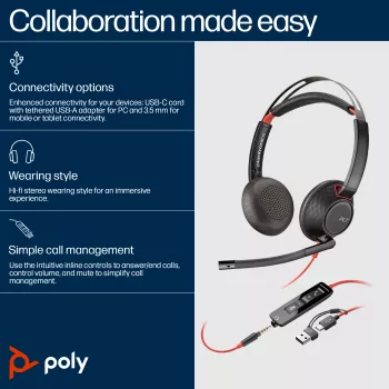 HP Poly Blackwire 5220 Stereo USB-C Headset +3,5-mm-Stecker +USB-C/A-Adapter (Mengenpackung)