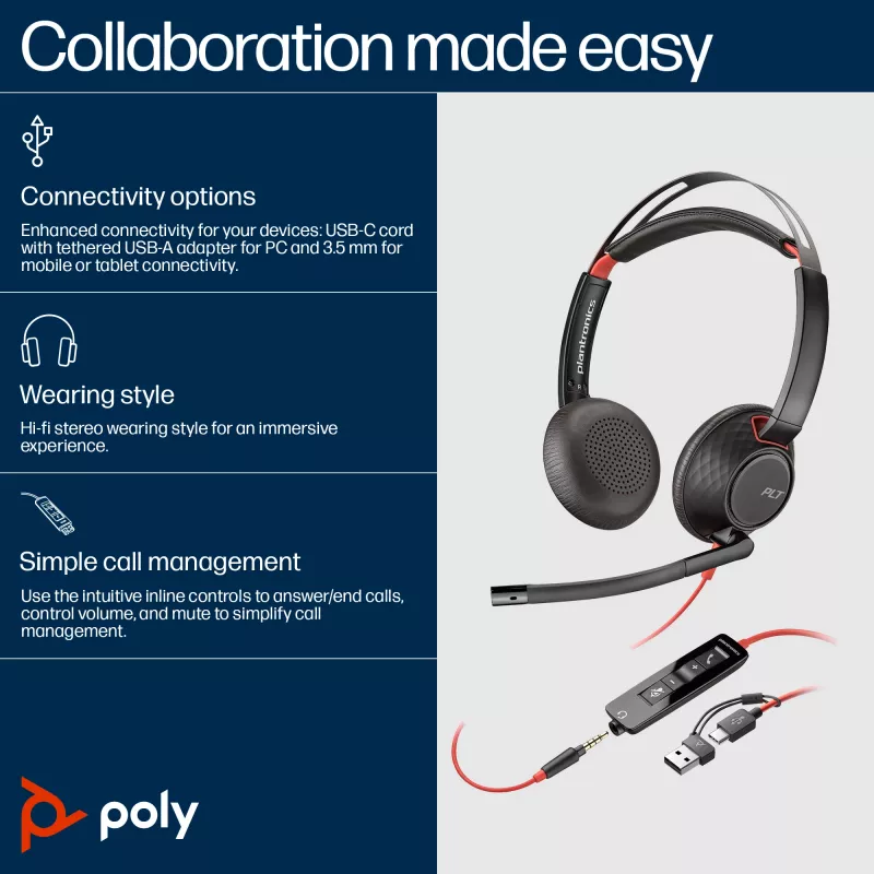 HP Poly Blackwire 5220 Stereo USB-C Headset +3,5-mm-Stecker +USB-C/A-Adapter (Mengenpackung)