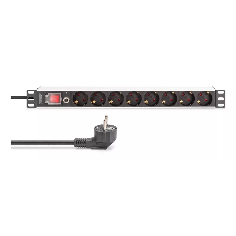 DIGITUS PDU - 1U Aluminium-Rackmontage 7x Sicherheit + 1x Ausgang 16A 4000W 250VAC 50/60Hz Überlastschutz