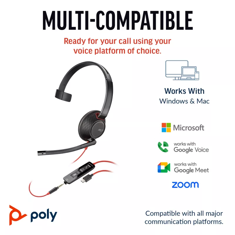 HP Poly Blackwire 5210 Monaural USB-C Headset +3.5mm Plug +USB-C/A Adapter (Bulk)